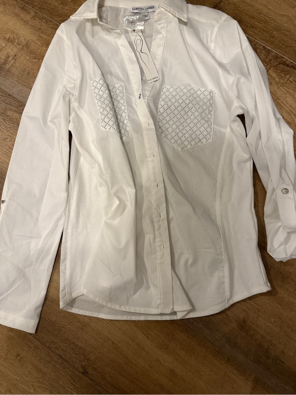 Sabrina Lauren White Button-Down Shirt with Patterned Chest Pockets